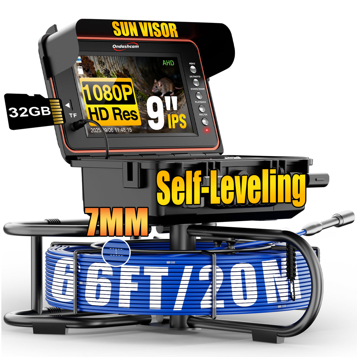 Sewer Camera, Self-Leveling Drain Camera 100ft with Meter Counter, 9" HD Plumbing Cameras Snake with 12 LED Lights, 5100mAh Battery, IP68 & 32GB DVR Recorder, Duct Sewer Line Pipe Inspection