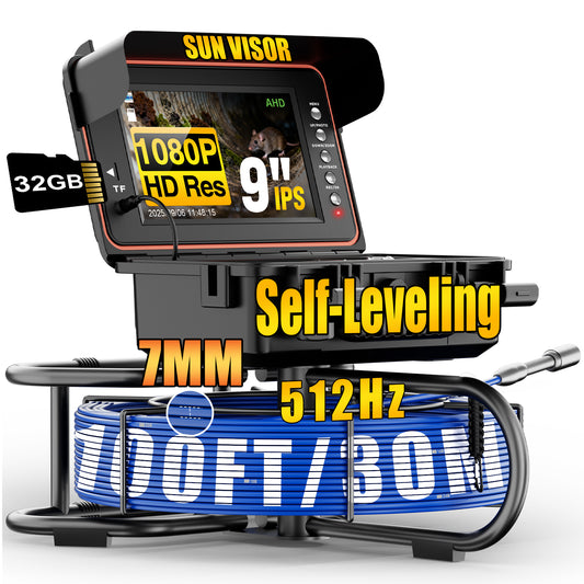 Sewer Camera, Self-Leveling Drain Camera 100ft with Meter Counter, 9" HD Plumbing Cameras Snake with 12 LED Lights, 5100mAh Battery, IP68 & 32GB DVR Recorder, Duct Sewer Line Pipe Inspection
