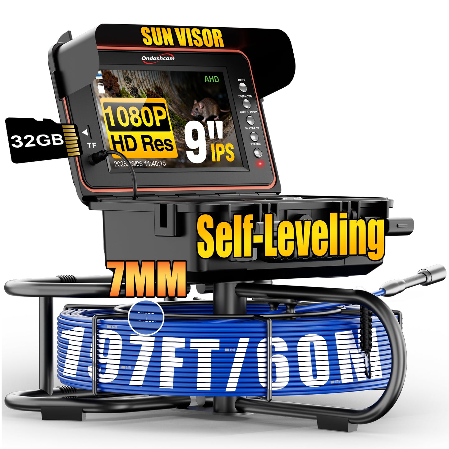 Sewer Camera, Self-Leveling Drain Camera 100ft with Meter Counter, 9" HD Plumbing Cameras Snake with 12 LED Lights, 5100mAh Battery, IP68 & 32GB DVR Recorder, Duct Sewer Line Pipe Inspection