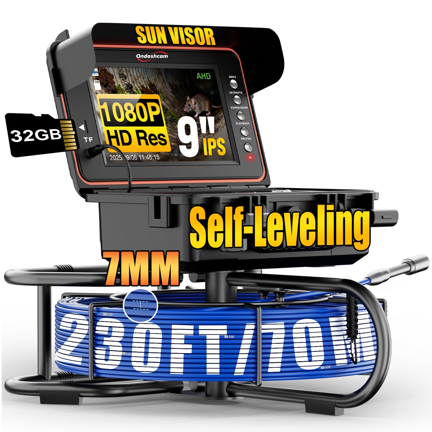 Sewer Camera, Self-Leveling Drain Camera 100ft with Meter Counter, 9" HD Plumbing Cameras Snake with 12 LED Lights, 5100mAh Battery, IP68 & 32GB DVR Recorder, Duct Sewer Line Pipe Inspection