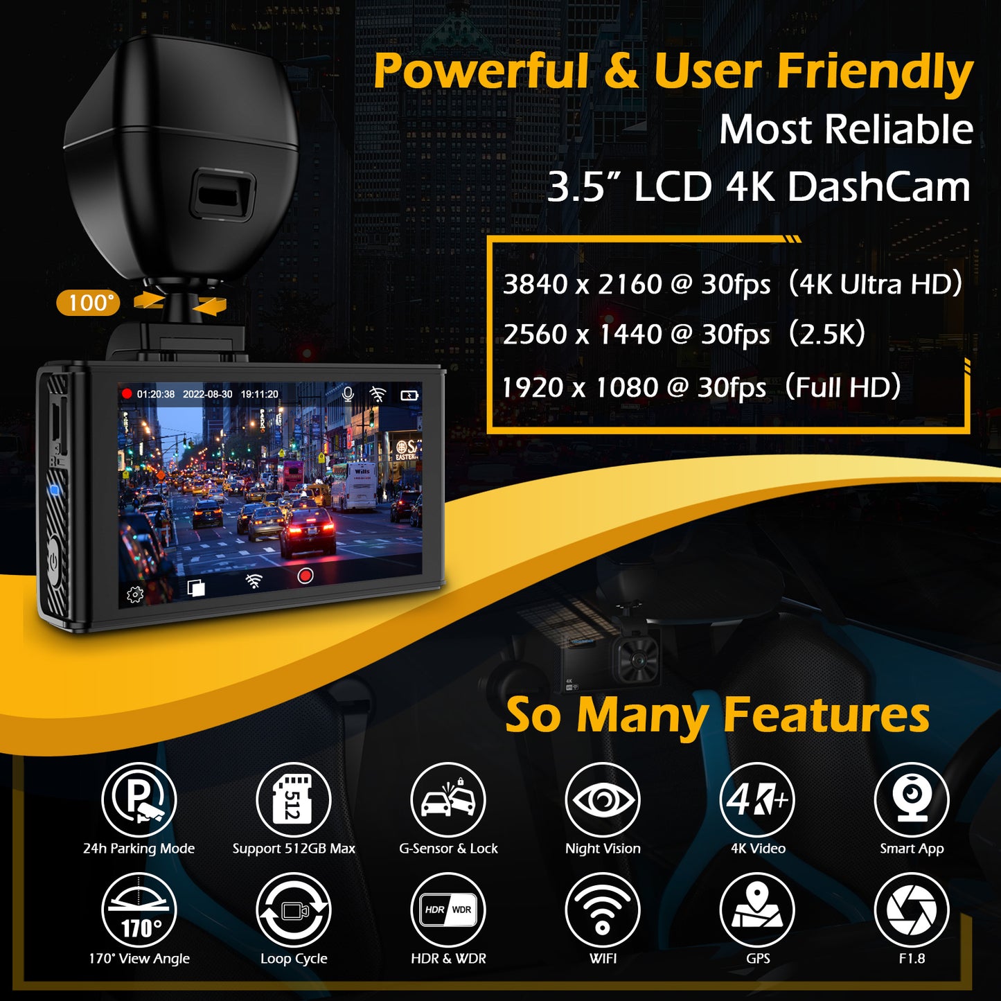 ONDASHCAM 4K Dash Cam with Built-in WiFi GPS, 2160P