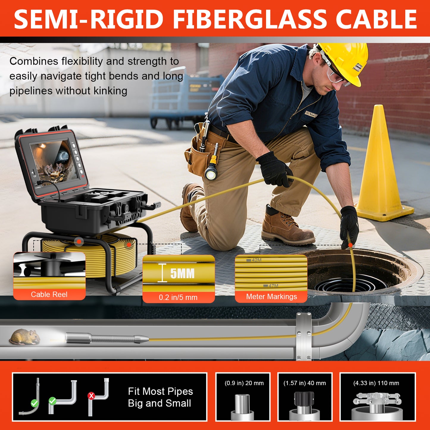 Sewer Camera, Self-Leveling Drain Camera 66 ft with Distance Counter, 9" 1080P HD Plumbing Cameras Snake with 12 LED Lights, IP68 & 32GB DVR, Industrial Endoscope for Duct Sewer Line Pipe Inspection