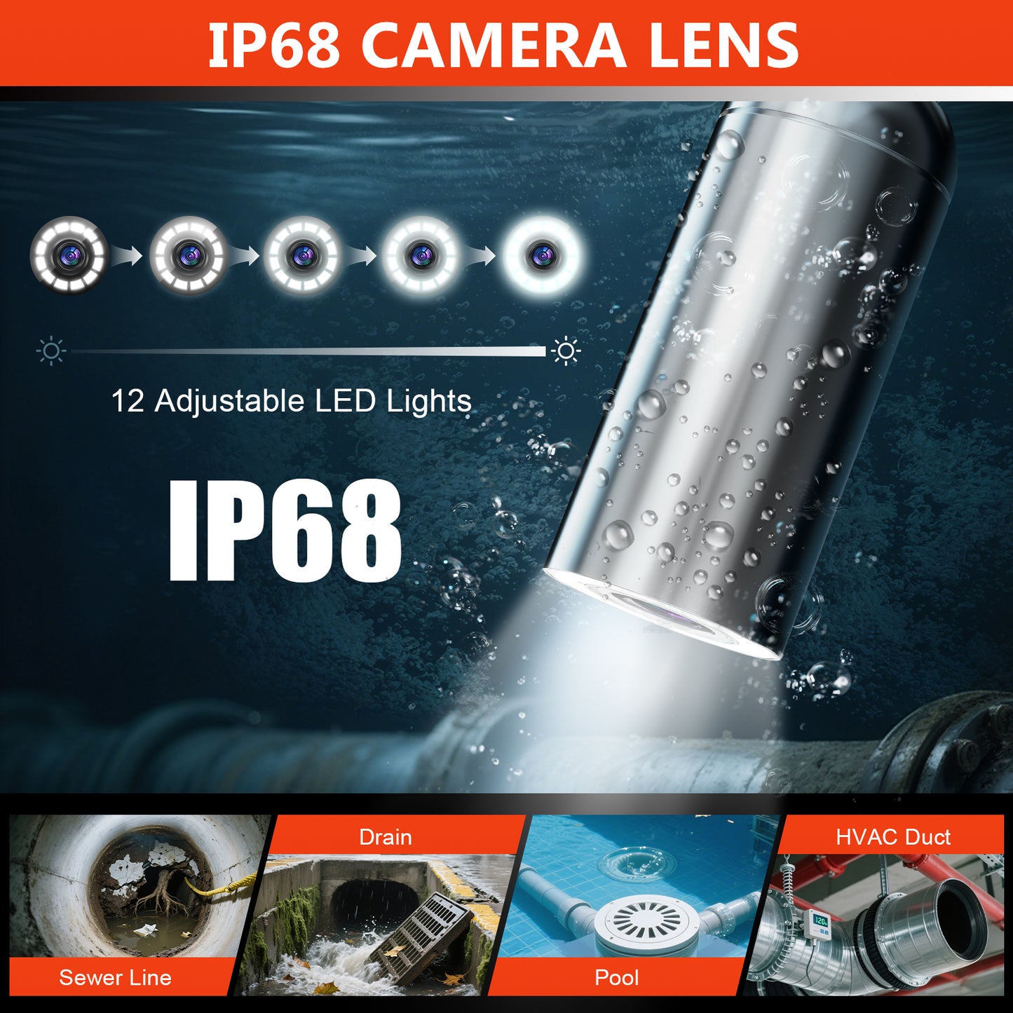 Sewer Camera, Self-Leveling Drain Camera 66 ft with Distance Counter, 9" 1080P HD Plumbing Cameras Snake with 12 LED Lights, IP68 & 32GB DVR, Industrial Endoscope for Duct Sewer Line Pipe Inspection